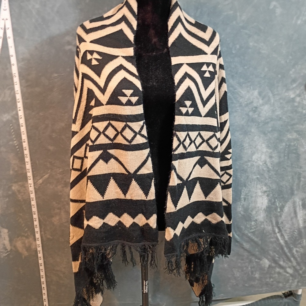 Arizona Jean Co Womens Large Geometric Southwestern Fringe Open Front Cardigan
